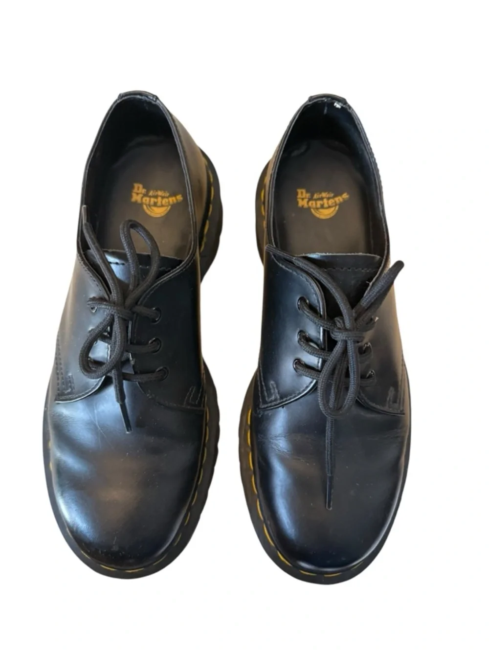 Dr Martens  Men's Black Lace-Up Platform Shoes with Yellow Stitch Detail